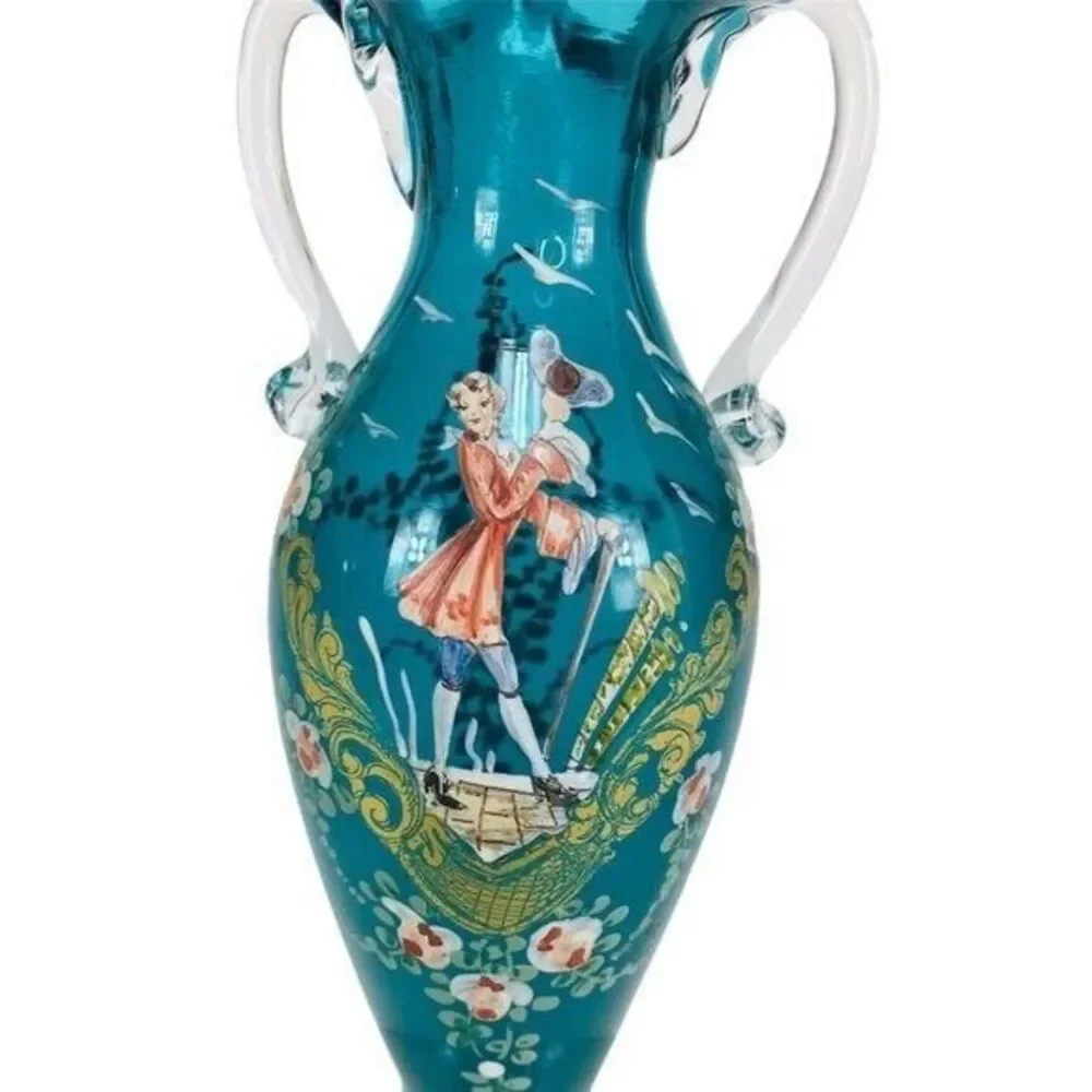 1900s Victorian Hand Painted Teal Gold Leaf Floral Blown Glass Ruffle Vase